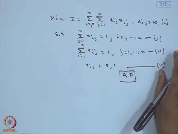 (Refer Slide Time: 08:03) So, if d i j is the distance from city i to city j, we can formulate the problem as this minimise z equals summation over i equals 1 to n summation, j equals 1 to n d i j x
