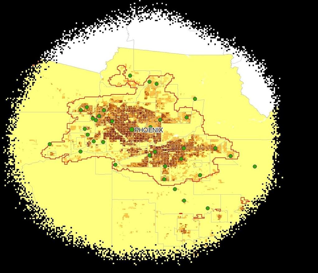 Urban Spatial Change: Phoenix 30 15 0 30 Kilometers Population Density 2000 Scatterometer - Average High : -6.