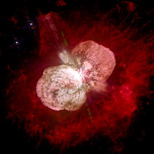 Carinae Hubble images show the star is surrounded by two enormous bubbles of gas 150 years ago the star erupted in a huge wind, during which it lost a solar mass of