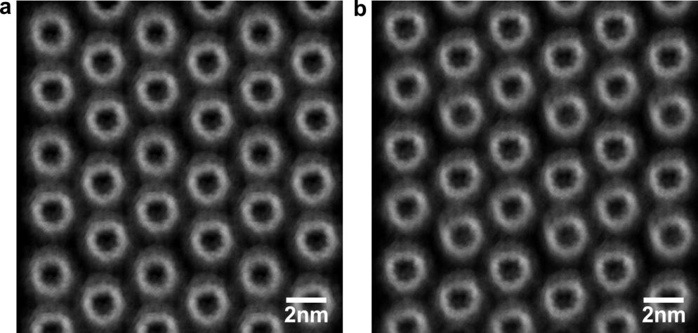 Supplementary Figure 14. STM simulated images averaged from 2 ns of MD simulation of two templated monolayers of E,E-8-mer C 60. a. First monolayer, unit cell a = (3.