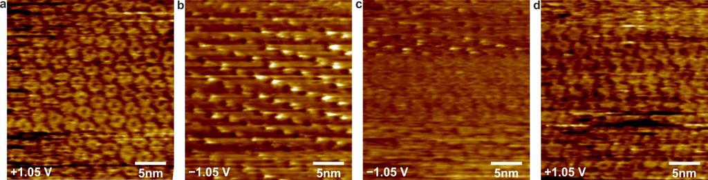 Supplementary Figure 3 Bias dependent imaging of a templated bilayer of E,E-8-mer C 60. STM height images showing a progression of the bias set-point imaging of a templated bilayer of E,E-8-mer C 60.