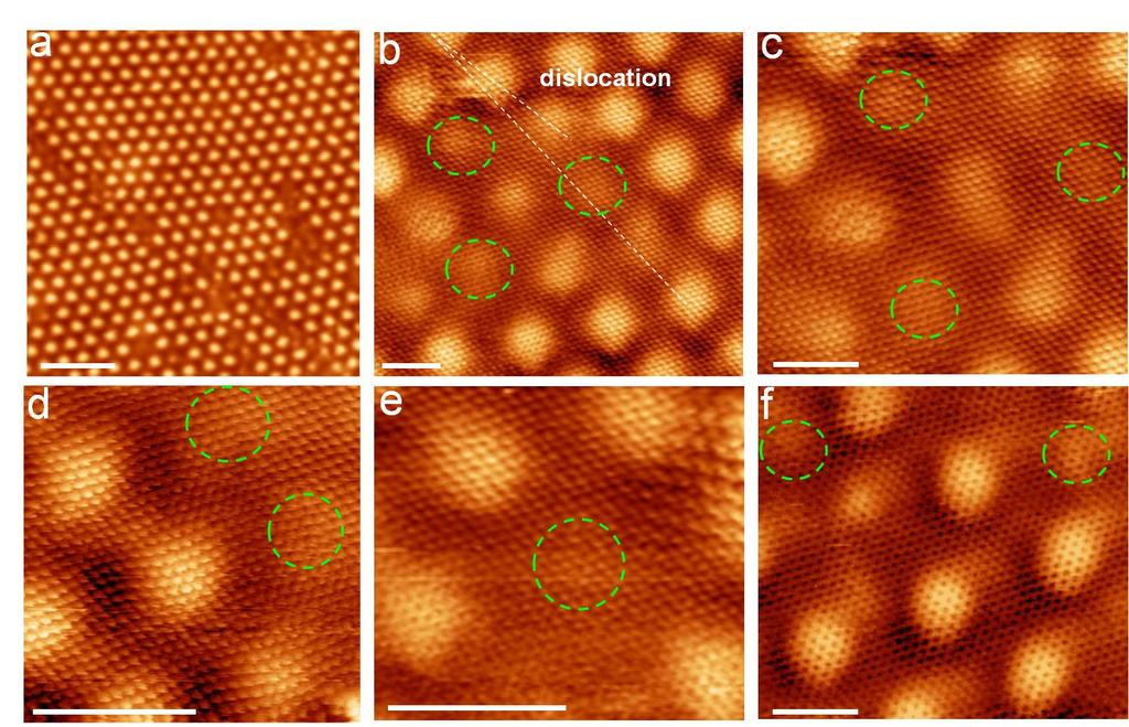 Supplementary Figure S10STM images of the occasional irregularities on the graphene moiré pattern.