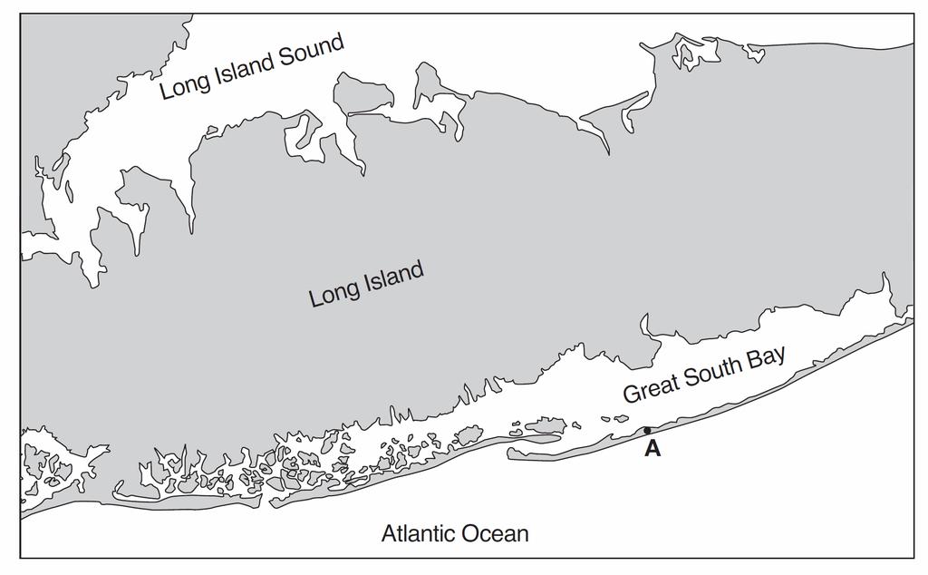 18. The map below shows coastal features of a portion of Long Island, New York. Point A represents a location on a landscape feature that resulted from wave action and longshore currents.