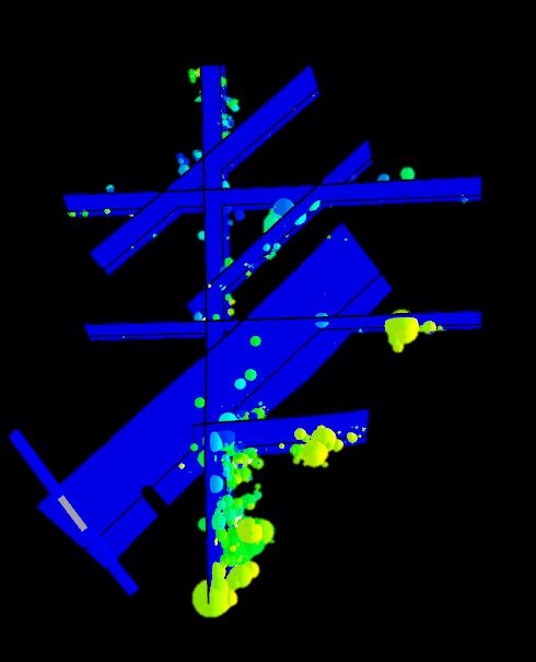 Example microseismic response from a frac stage showing early shear events at distance along existing structures and closer to the well, later propping of natural fractures as reproduced by DFN