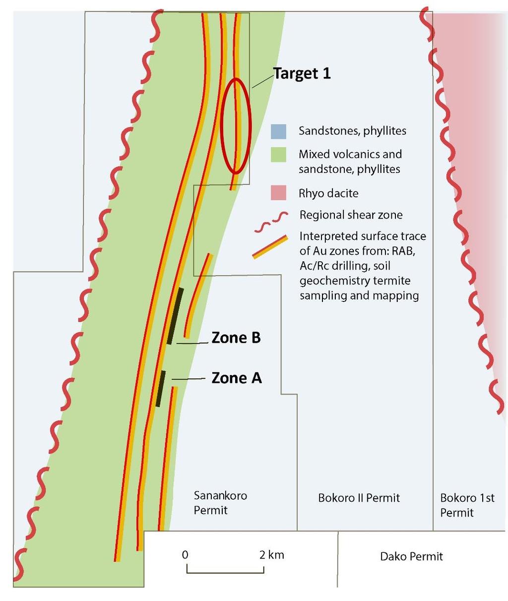 Figure 2: Surface structures under permit zones Zone A and Zone B Recent detailed mapping and investigation of artisanal mining, in conjunction with review of historical drill core, indicates the