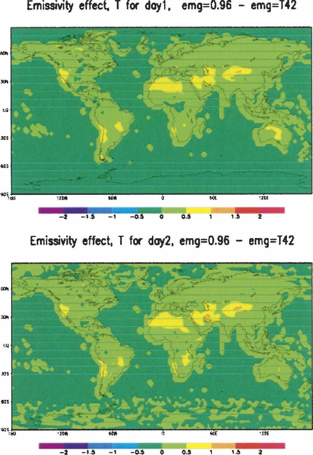 15 JUNE 2006 J I N A N D L I A N G 2881 FIG. 15. Coupled CAM2 CLM2 simulated emissivity impact on surface temperature (K) for two random days in September.