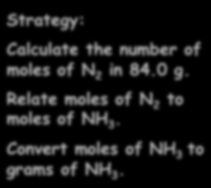 from balance equation: 1 molc N 2 3 molc H 2 2 molc NH 3 (Implied information)- 1 mole 3 mole 2 mole How much NH 3 will be produce if 84.