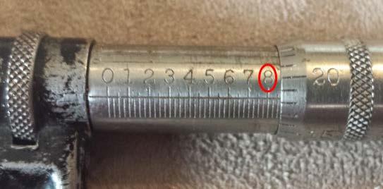 5 Reading a Micrometer Step 1: Look at the last large number not hidden by the thimble to obtain the first digit after the decimal. In the picture below, the length would be 0.8.