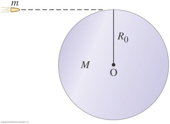 9 7. (25 pts) A bullet of mass m moving with velocity v strikes and becomes embedded at the edge of a cylinder of mass M and radius R 0.