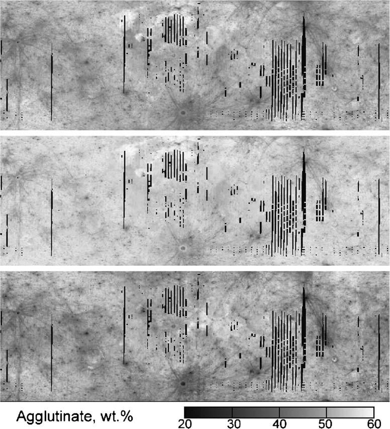 96 C. Pieters et al. / Icarus 184 (2006) 83 101 Fig. 12. Estimates of agglutinates abundance with 15 km resolution. The upper, middle, and lower panels correspond to Eqs. (1) (3), respectively.