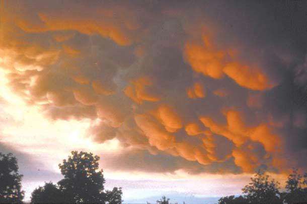 Mammatus clouds forming beneath a thunderstorm.