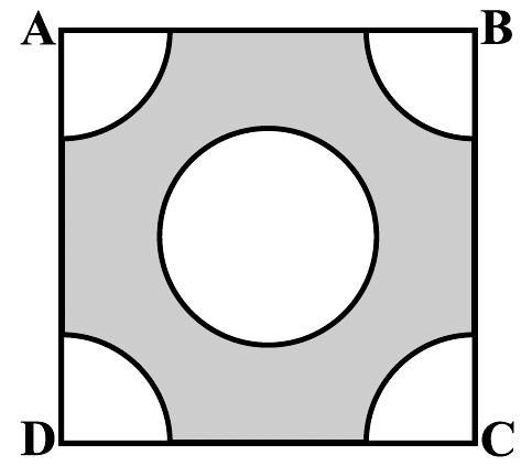 From each corner of a square of side 4 cm a quadrant of a circle of radius cm is cut and also a circle of diameter cm is cut as shown