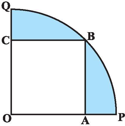 83. In Fig., a square OABC is inscribed in a quadrant OPBQ. If OA = 0 cm, find the area of the shaded region. (Use = 3.14) 84.
