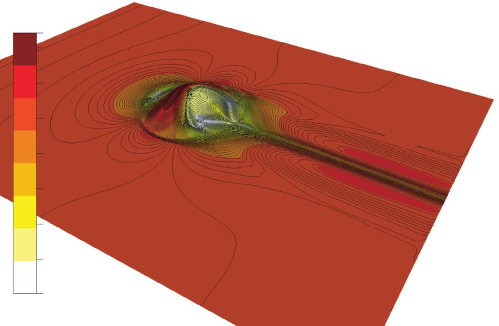 NUMERICAL INVESTIGATIONS ON WIND FLOW OVER COMPLEX TERRAIN 7. 7 5 3 1 Step: 19.3399 Figure 3: Contours of velocity magnitude at the first cell from the wall.