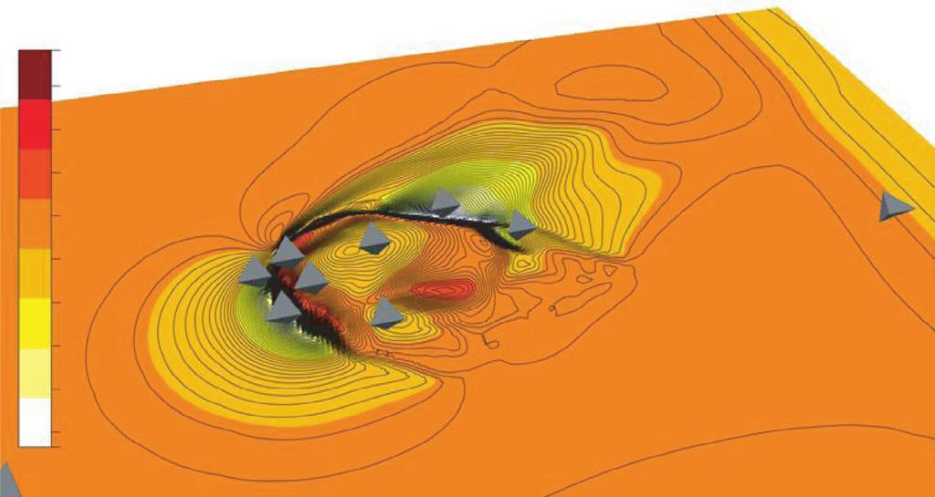 NUMERICAL INVESTIGATIONS ON WIND FLOW OVER COMPLEX TERRAIN 13.9 13 1 11 9 7 5.57 Figure 9: Contours of velocity magnitude (m s 1 ) at an altitude of 5 m above the Bolund Hill (flow enters at 39 )..97.