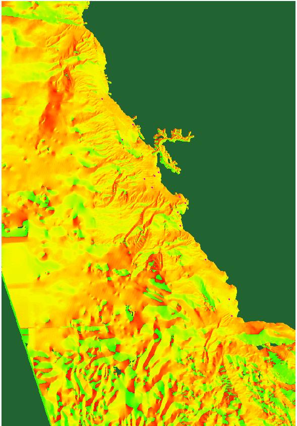 Aspect calculated from 1km bathymetry Red faces NNE, fading clockwise to yellow at