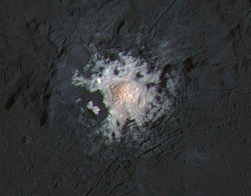 Ceres bright spot, a close-up. Image taken by the Dawn spacecraft in February of 2016 from a distance of 385 km The bright spot is located in the center of the Occator crater.