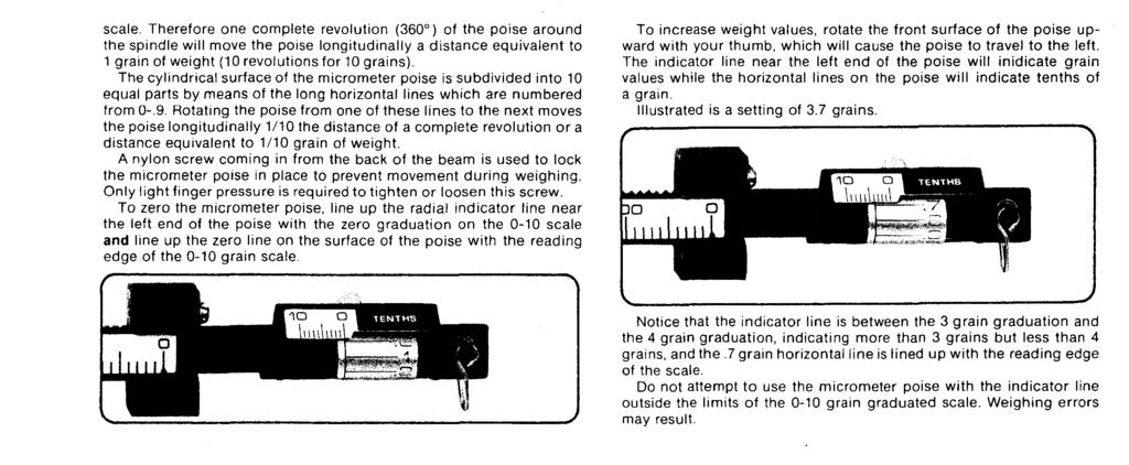 scale. Therefore one complete revolution (360 ) of the poise around the spindle will move the poise longitudinally a distance equivalent to 1 grain of weight (10 revolutions for 10grains).