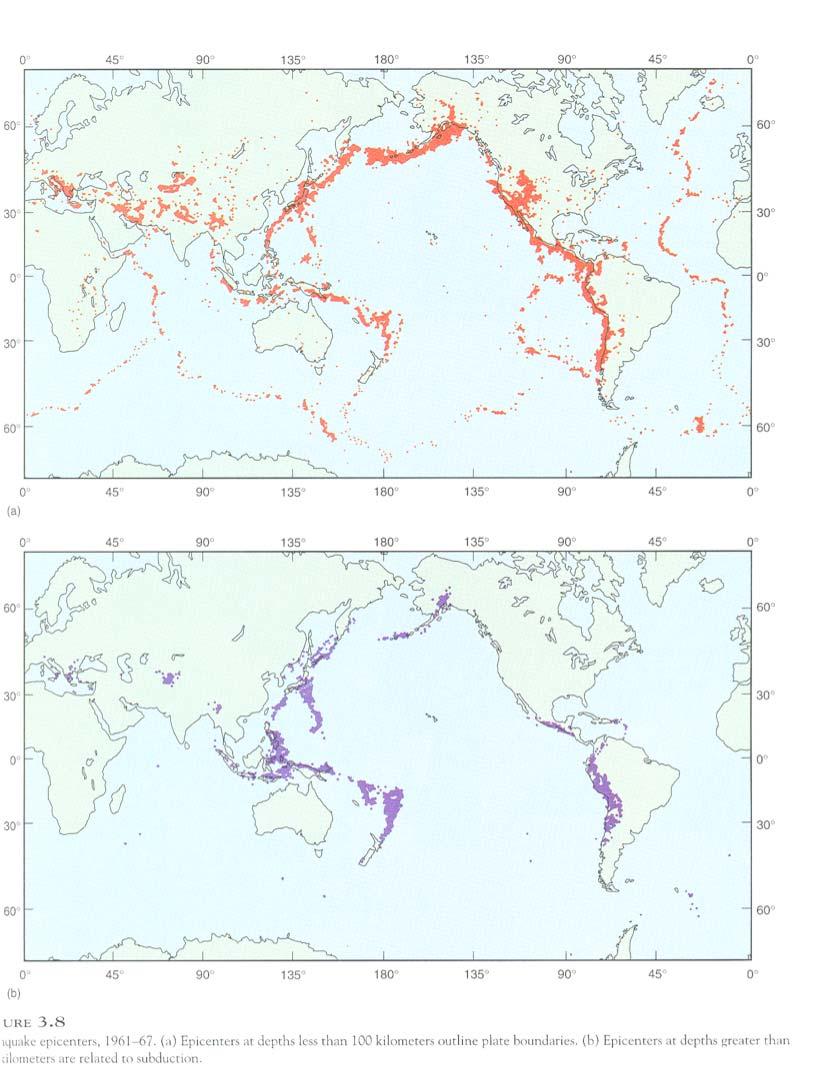 Earthquake Distribution (Top)The locations of historical earthquakes that are shallow (less than 100km deep) mark the location of (1) divergent spreading ridges in mid-ocean and (2) convergent deep