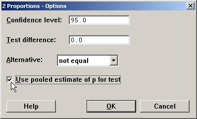 Select the appropriate setting for Alternative depending upon the form of H a (one-sided or two-sided). Be sure to select the Use pooled estimate of p for test option.