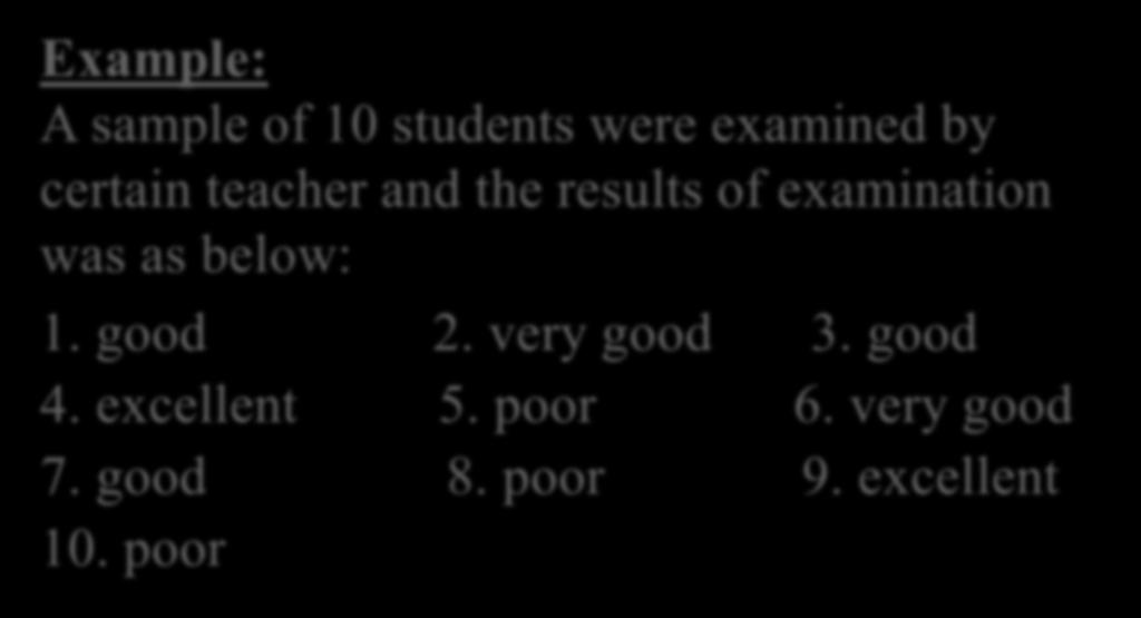 FREQUENCY DISTRIBUTION Example: A sample of 10 students were examined by certain teacher and the results of