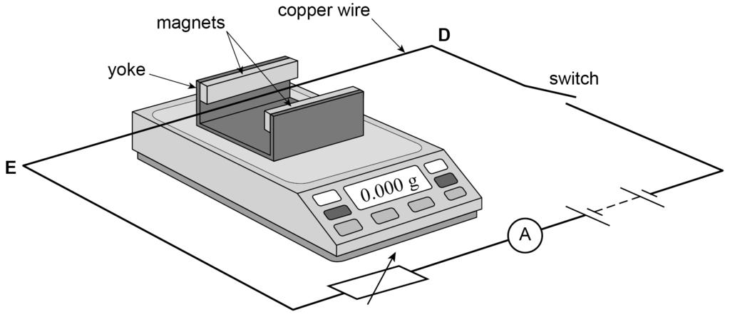 6 0 2 Figure 2 shows two magnets, supported on a yoke, placed on an electronic balance. Figure 2 The magnets produce a uniform horizontal magnetic field in the region between them.