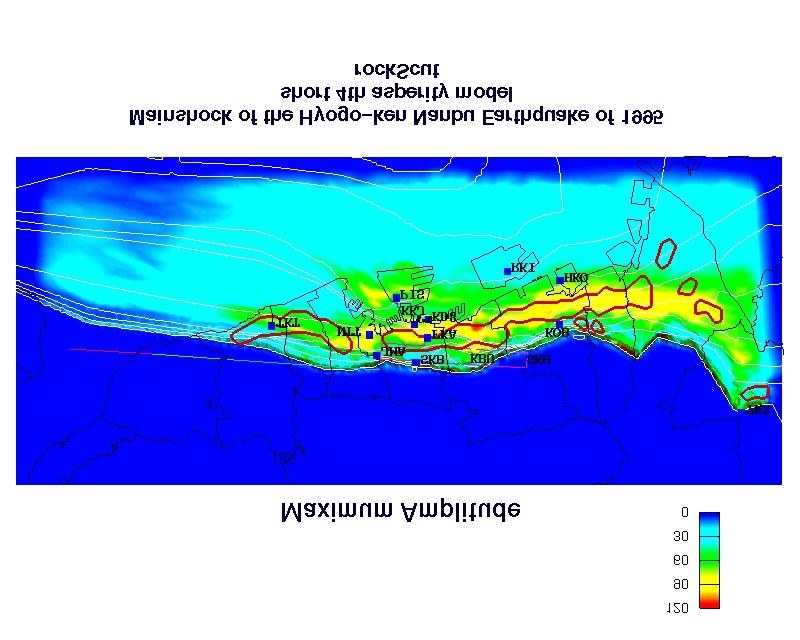 Fig.7 Peak ground velocity distribution calculated by the 3-D basin and 4-asperity model Fig.