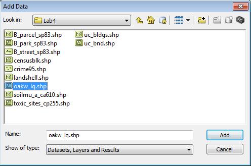 Select and add to ArcMap the oakw_lq.shp file.