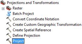 The Project tool is also located in ArcToolbox. Data Management Tools!Projections and Transformations!