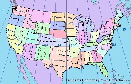 However, there is another category of projection, known as the State Plane Projection system, (the areas are shown in the map above) that break down states into smaller land areas.
