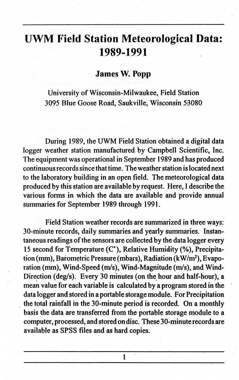 UWM Field Station Meteorological Data: 99-99 James W.