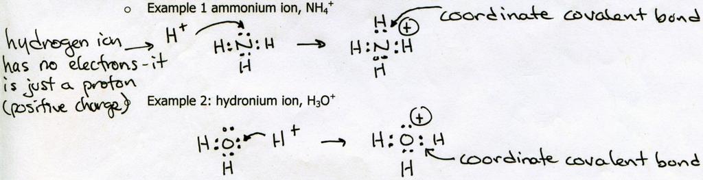 Remember that acids produce + in solution. A coordinate covalent bond will form because + is just a proton. ydrogen atoms have only 1 electron, which is lost to form hydrogen ion, and no neutrons.