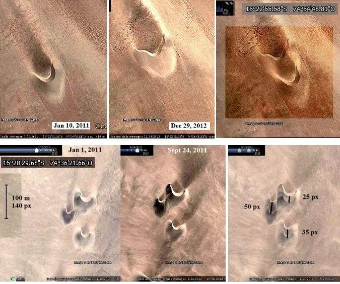 use the Figure 1: in it we can see two examples from images of Google Earth, showing some barchans in Peru. As discussed in [8], GIMP allows measuring the drift of dunes.