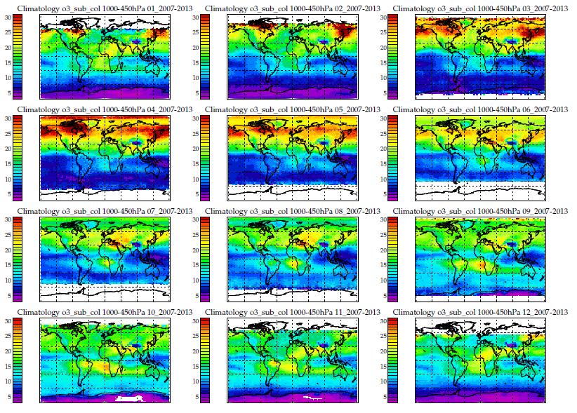 7-year GOME-2A Lower tropospheric ozone climatology (2007-2013) January