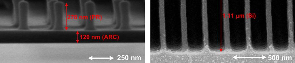11 µm silicon pillar array, the thickness of the remaining PR/ARC is still about 237 nm, corresponding to a high mask selectivity of ~85:1.