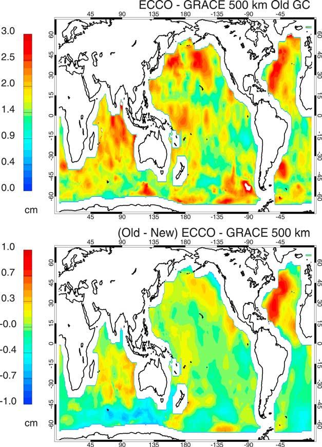 Figure 7. (top) RMS difference of GRACE and ECCO ocean bottom pressure estimates, smoothed with a 500-km Gaussian filter, in centimeters of equivalent water thickness.