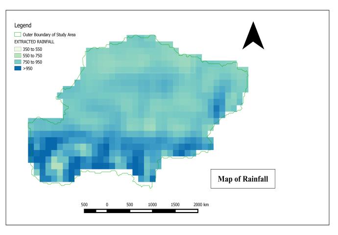 11 The annual rainfall in the area varies from 350 mm in the rain shadow areas to 1000 mm in Ghats. About 80 per cent of monsoonic rain is received during June to October.