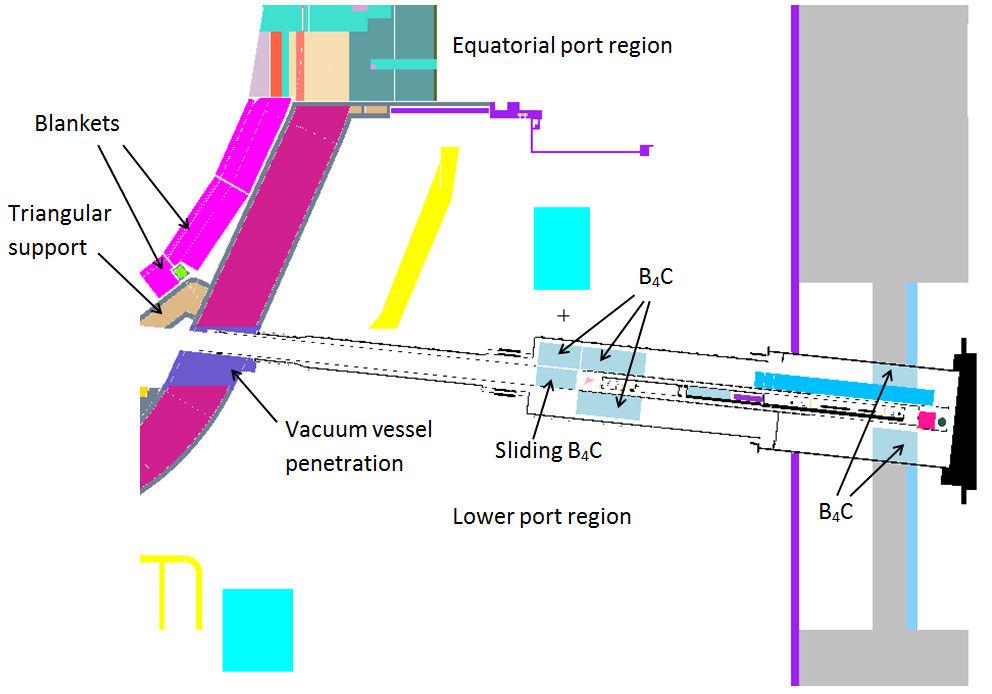 A representation of the IVVS vacuum vessel penetration was similarly included. The location of the integrated IVVS universe is between two lower ports.
