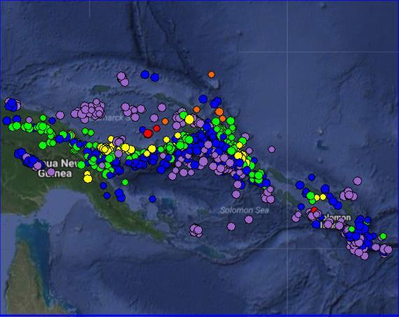 This seismicity map covers the same region as the microplate tectonic map of the previous slide. Locations of the most recent 1000 earthquakes of magnitude (M) > 5 are shown.