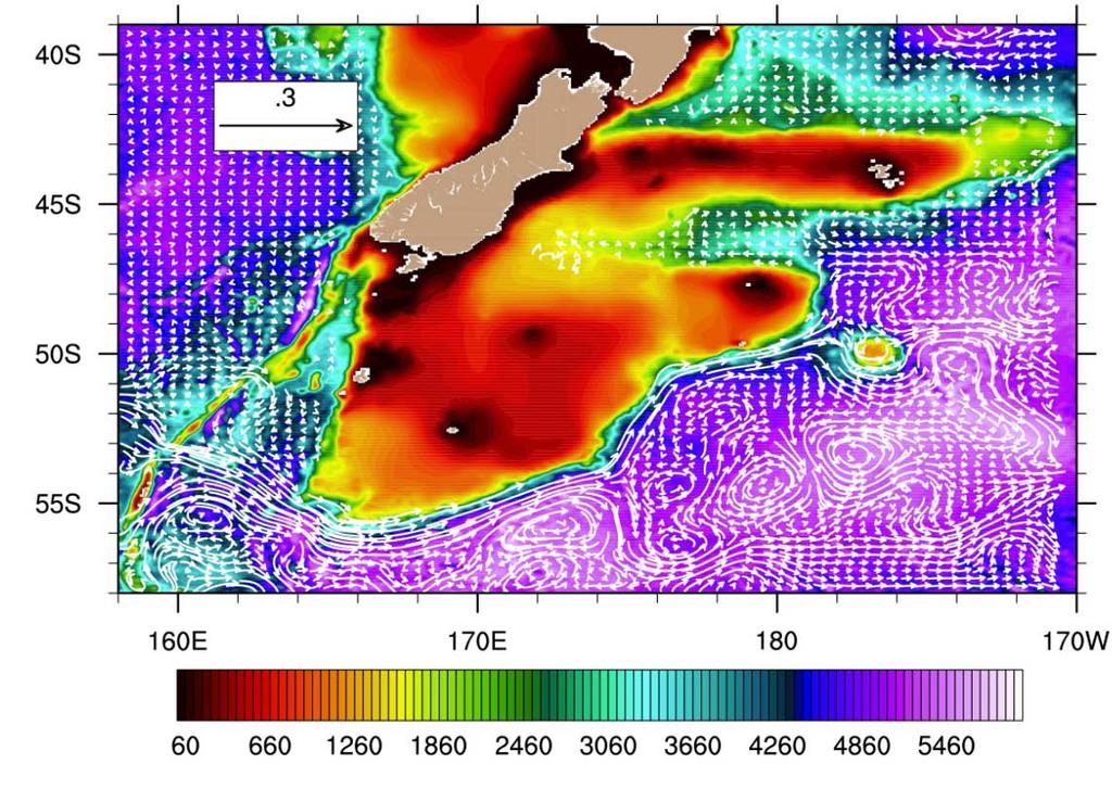 Mean currents simulated by 1/12, 32-layer global HYCOM in the New Zealand region overlaid on seafloor depth 8.