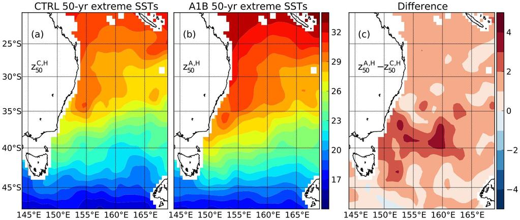 Southeastern Australia There is much interest in projections of how extreme ocean temperatures in this region may change in a changing climate However, climate models often provide poor estimates of
