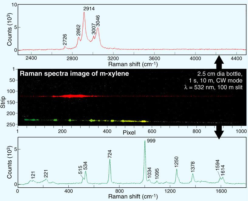 TR-Remote Raman Spectra of m-xylene at 10 m HoloPlex grating contains two