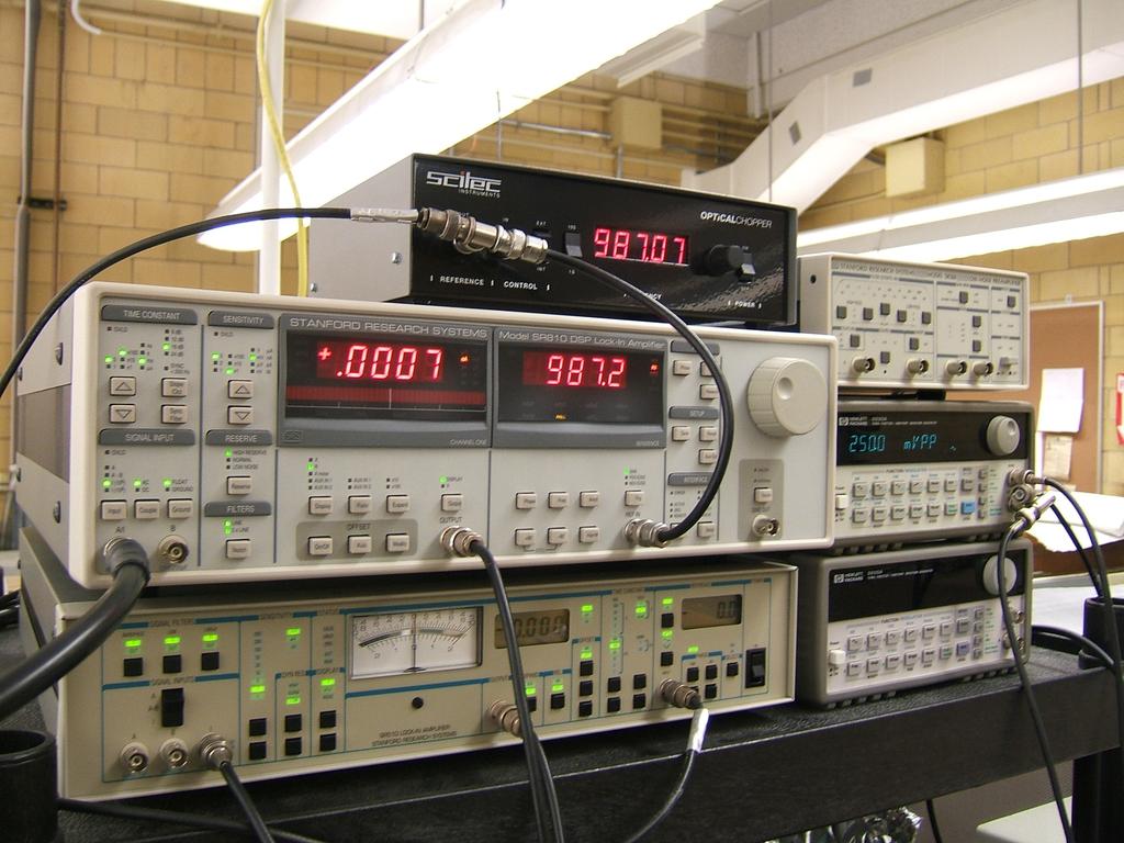 The beam is optically chopped at 1 khz allowing two Standford Research Systems lock-in amplifiers (DURIP-funded) to extract the signal from background noise for both the iodine cell and plasma