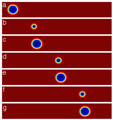 Supplementary Figure 6: Skyrmion transport through an array of nanocontacts. The white circles indicate the nanocontacts. Snapshots in intervals of 0.