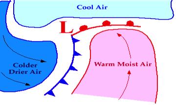 Air masses that form in tropical areas are warm, and air masses that form in polar areas are cold. Air masses that form over dry land are dry, and air masses that form over water are humid.