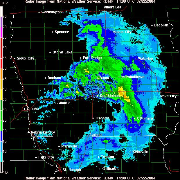 This colorenhanced image shows a storm passing Des Moines, Iowa.