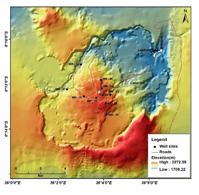 1 Ma) occurred on the caldera floor with an eruption of thick piles of trachyte lavas from various centres. MT resistivity distribution at 2000 m b.s.l shows a conductive body of less than 5 ohm-m under the caldera floor with westward extension (Figure 6).
