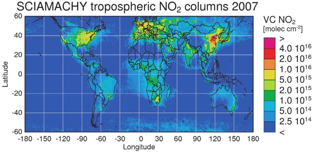 ERCA 8 151 Fig. 2. Nearly global map of tropospheric NO 2 columns from all cloud cleared measurements (cloud fraction less than 20%) of SCIAMACHY for the year 2007.
