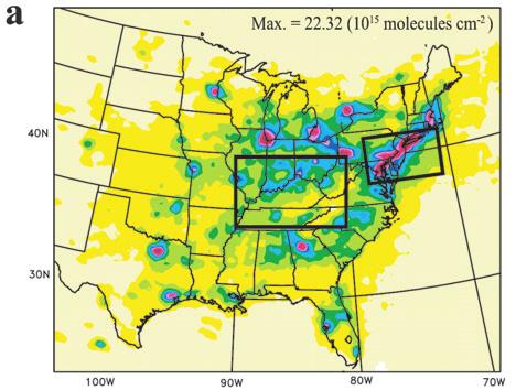 ERCA 8 155 Fig. 6. Tropospheric NO 2 columns above the Eastern US measured and modelled for June August 2004.