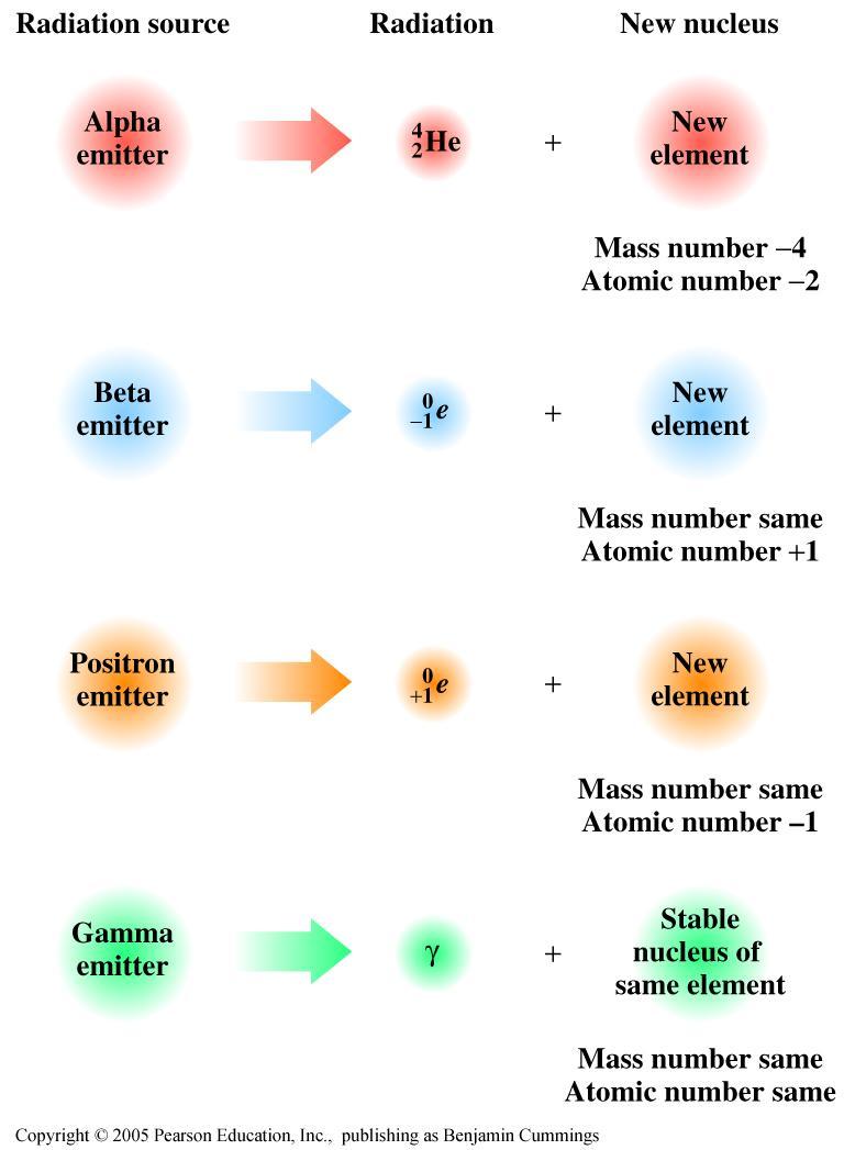 number increases Positron emission: Mass number same, atomic